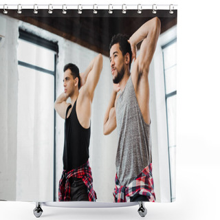 Personality  Muscular Multicultural Dancers Posing While Dancing Jazz Funk In Dance Studio  Shower Curtains