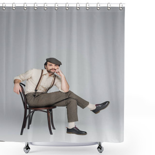 Personality  Full Length Of Man With Mustache In Vintage Style Clothing And Hat Sitting On Wooden Chair On Grey Shower Curtains