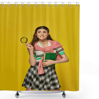 Personality  Curious Young Woman Holding Books And Magnifier, Zoom, Discovery, Student In College Outfit, Smile Shower Curtains
