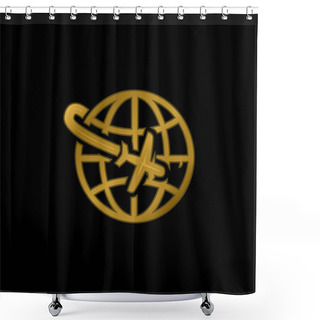 Personality  Airplane Flight Around The Planet Gold Plated Metalic Icon Or Logo Vector Shower Curtains