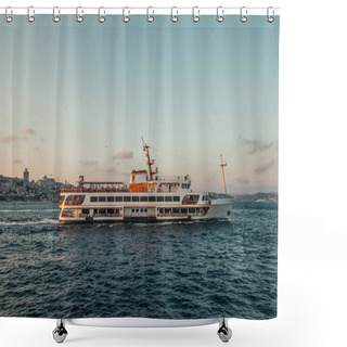 Personality  Ship On Sea Water With Coast And City At Background During Sunset, Istanbul, Turkey  Shower Curtains