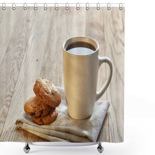 Personality  Porcelain Teacup With Chocolate Chips Cookies On Cotton Napkin On A Rustic Wooden Background, Top View Shower Curtains
