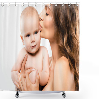 Personality  Portrait Of Nude Mother Kissing Adorable Baby, Isolated On White Shower Curtains