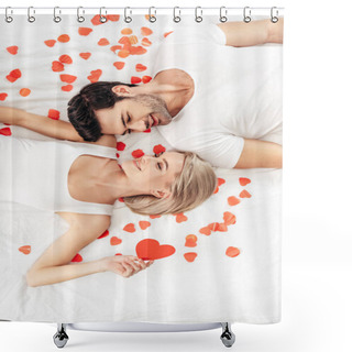 Personality  Top View Of Attractive Girlfriend And Handsome Boyfriend Smiling And Laying Near Hearts Signs On Valentine's Day Shower Curtains