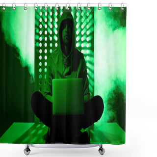 Personality  Toned Picture Of Male Hacker In Hoodie With Laptop Shower Curtains