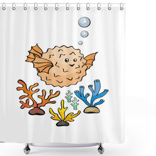 Personality  Image Of Lovely Sea Inhabitants In Doodle Style. Vector Illustration Isolated On A White Background. Shower Curtains