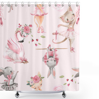 Personality  Beautiful Seamless Tileable Pattern With Watercolor Ballerinas Animals - Bunnies, Kittens And Flamingo Bird With Pink Roses Shower Curtains