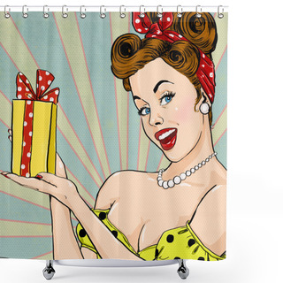 Personality  Girl With The Gift In Vintage Style. Pin Up Girl. Party Invitation. Birthday Greeting Card. Shower Curtains