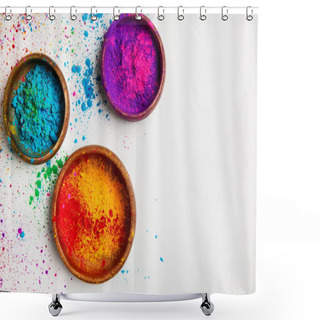 Personality  Top View Of Colorful Traditional Holi Powder In Bowls Isolated On White  Shower Curtains