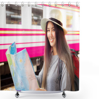 Personality  Attractive Beautiful Traveler Woman Holding The Map And Standing At Train Station. Charming Beautiful Young Woman Is Planning To Travel At Tourist Attraction Or Beautiful Place By Choosing On Map Shower Curtains