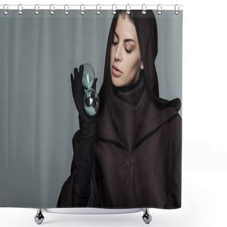 Personality  Woman In Death Costume Holding Sandglass Isolated On Grey Shower Curtains