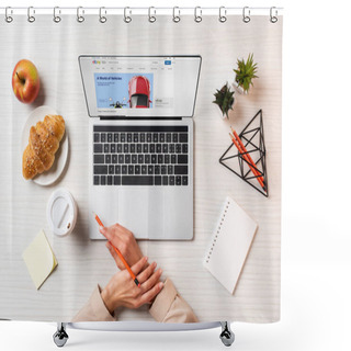 Personality  Cropped Shot Of Female Hands, Laptop With Ebay Website And Lunch On Table In Office           Shower Curtains