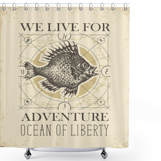 Personality  Retro Travel Banner With Big Fish And Old Map Shower Curtains