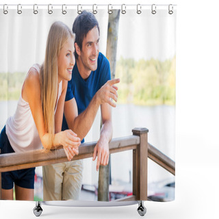 Personality  Loving Couple Leaning At The Wooden Railing Shower Curtains