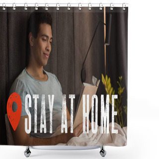 Personality  Happy Mixed Race Man Reading Book Near Stay At Home Lettering In Bedroom  Shower Curtains