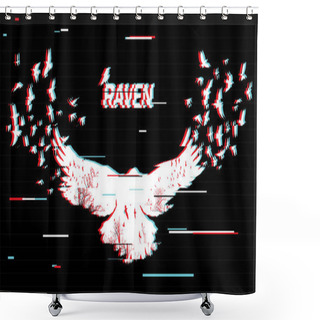 Personality  Vector Illustration Of The White Raven Silhouette With The Fluttering Wings On A Black Background Double Exposure With Glitch Effect.  Shower Curtains