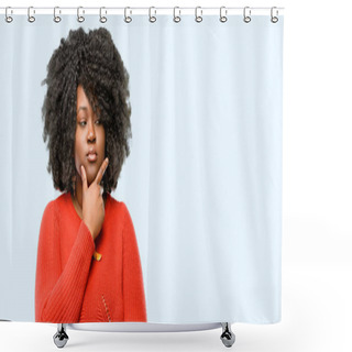 Personality  Beautiful African Woman Doubt Expression, Confuse And Wonder Concept, Uncertain Future, Blue Background Shower Curtains