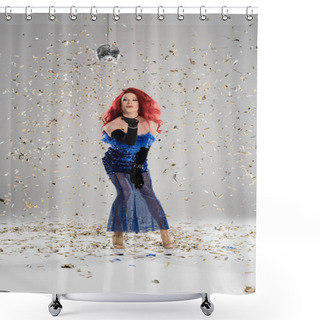 Personality  Elegant Drag Queen In Dress And Gloves Blowing Air Kiss Under Disco Ball And Confetti On Grey Background  Shower Curtains