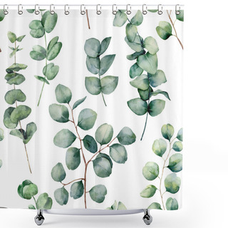 Personality  Watercolor Pattern With Eucalyptus Round Leaves. Hand Painted Baby And Silver Dollar Eucalyptus Branch Isolated On White Background. Floral Illustration For Design, Print, Fabric Or Background. Shower Curtains