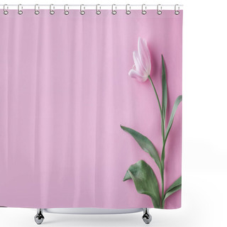 Personality  Pink Tulips Flowers On Pink Background. Waiting For Spring. Happy Easter Card. Flat Lay, Top View Shower Curtains
