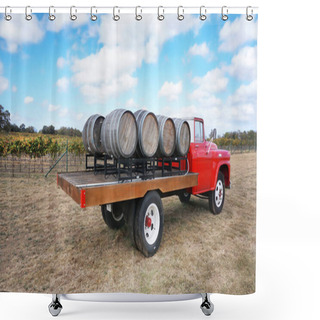 Personality  Fredericksburg,Texas- Nov.12-2020  Slate Mill Wine Collective Winery In Texas Hill Country With 1950 GMC Wine Truck And Vineyards In The Background.                               Shower Curtains