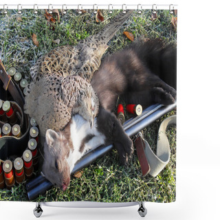 Personality  The Killed Marten And Pheasant With The Gun On A Grass (a Hunting Still Life). Shower Curtains