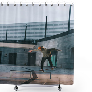 Personality  Professional Skateboarder Balancing With Board On Bench In Urban Location Shower Curtains