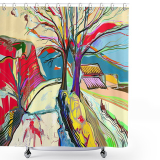 Personality  Digital Art Painting Of Rural Landscape Shower Curtains