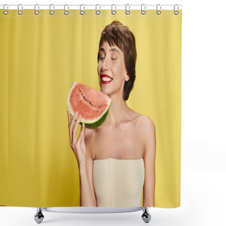 Personality  A Young Woman Joyously Holding A Slice Of Watermelon Up To Her Face. Shower Curtains