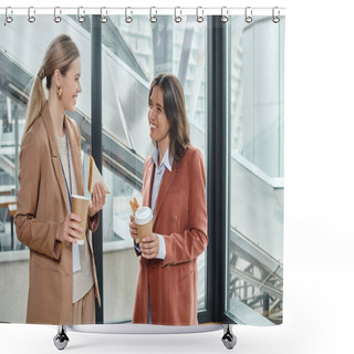 Personality  Two Cheerful Coworkers Smiling At Each Other And Enjoying Coffee And Sandwiches, Coworking Shower Curtains