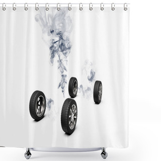 Personality  3D Rendering Of A Conceptual Image Of A Car Disapearing Leaving Just The Wheels Shower Curtains