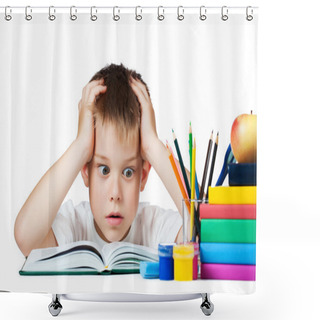 Personality  Sad Schoolboy Doing Is Homework Shower Curtains