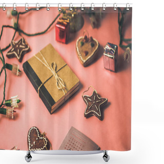 Personality  Aesthetic Composition Of Decorations And Gifts On Pink Table. A Brown Paper Kraft Notebook Lay Among Garlands, Christmas Toys In Form Of Star-shaped Cookies, Garlands. New Year Festive Decor For Party Shower Curtains