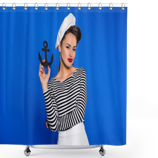 Personality  Portrait Of Fashionable Young Woman In Retro Clothing With Anchor In Hand Isolated On Blue Shower Curtains