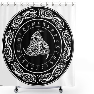 Personality  Triple Horn Of Odin Decorated With Scandinavian Ornaments And Runes Shower Curtains