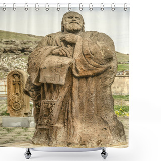 Personality  Stone Sculpture To The Founder Of The Armenian Alphabet And The First Translator Of The Bible In Oshakan Village Shower Curtains