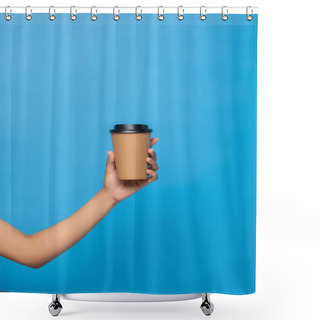 Personality  Cropped View Of African American Woman Holding Takeaway Drink Isolated On Blue Shower Curtains