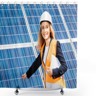 Personality  Businesswoman In Safety Vest And Hardhat Smiling And Looking At Camera  Shower Curtains
