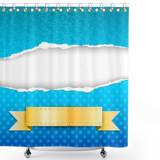 Personality  Blue Paper Background With Torn Edges And Gold Ribbon. Shower Curtains
