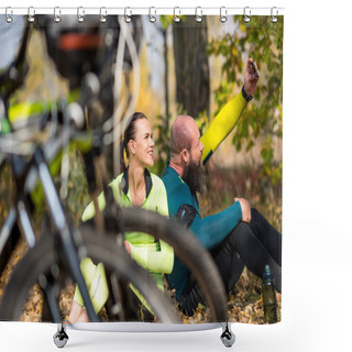 Personality  Couple Of Cyclists Taking Selfie Shower Curtains