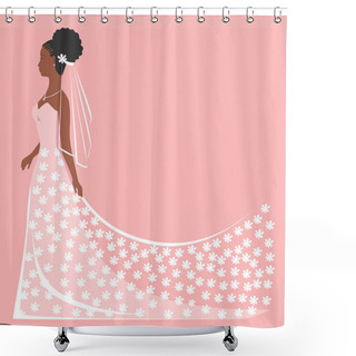 Personality  Beautiful Black Bride With A Hairstyle In A Lace White Dress With A Veil Side View. Flat Background Wedding Vector Illustration. Shower Curtains