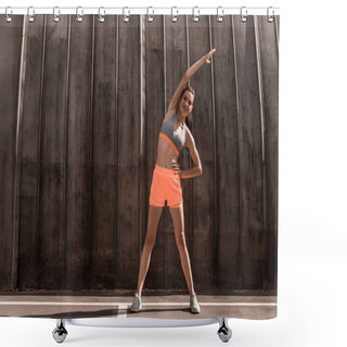 Personality  Sportive Girl Stretching In Sportswear On Parking Shower Curtains