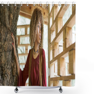 Personality  Dreamy And Stylish African American Woman Looking Away On Patio Of Retreat Center Shower Curtains