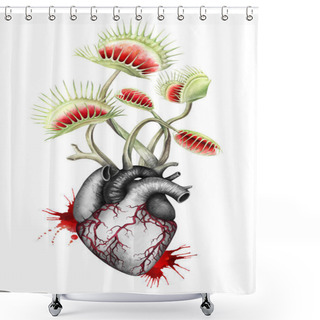 Personality  Hungry Heart With Fly Traps Isolated On White. Watercolor Illustration. Shower Curtains