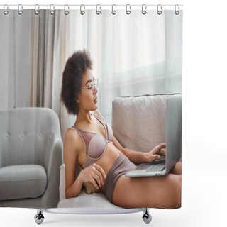 Personality  Young African American Woman In Lingerie And Glasses Working Remotely On Laptop In Living Room Shower Curtains