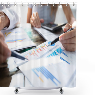Personality  Mid- Section Of Two Businesspeople Analyzing Graph Over Office Desk Shower Curtains