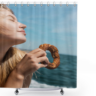Personality  Pleased Blonde Woman With Closed Eyes Holding Turkish Sesame Bagel Near Sea  Shower Curtains