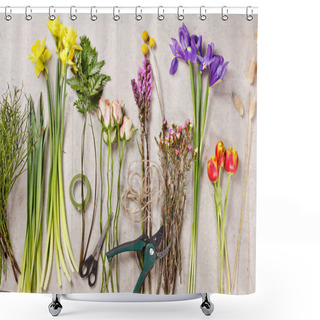 Personality  Set Of Flowers For Making Bouquet With Instrument Shower Curtains