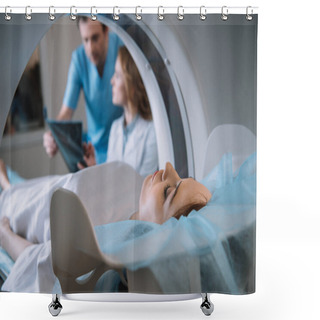 Personality  Selective Focus Of Thoughtful Doctors Examining X-ray Diagnosis During Patients Diagnostics On Ct Scanner Shower Curtains