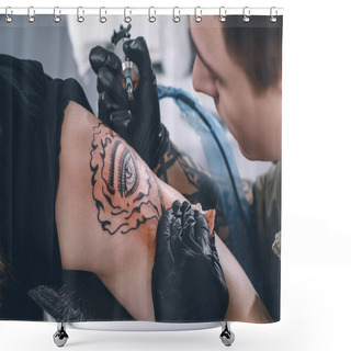 Personality  Tattoo Artist In Gloves Working In Studio Shower Curtains